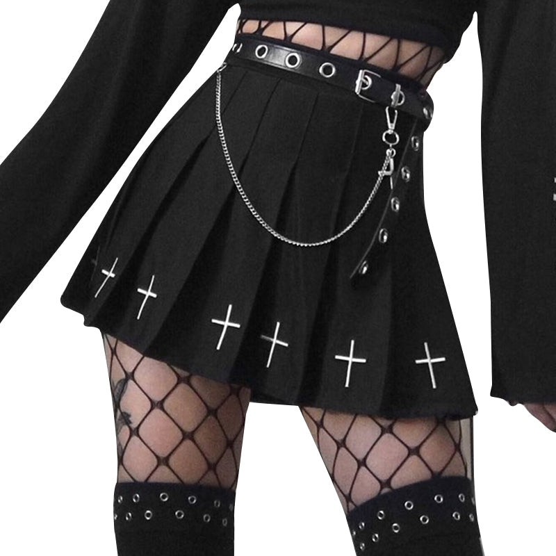 Hot High Waist Mini Schwarz Röcke Streetwear Cross Print Plissee Frauen Rock