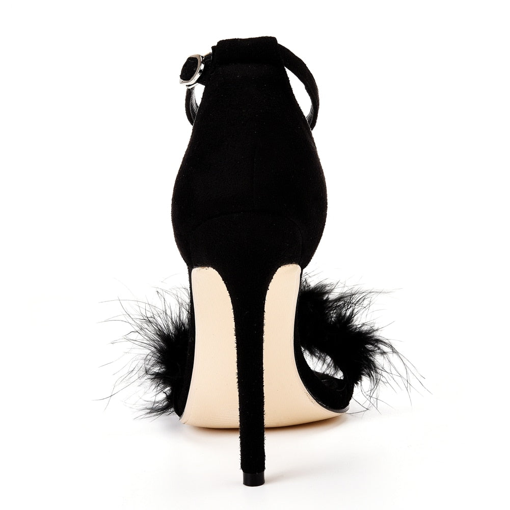 Flauschige Peep Toe Stilettos mit Fellfeder